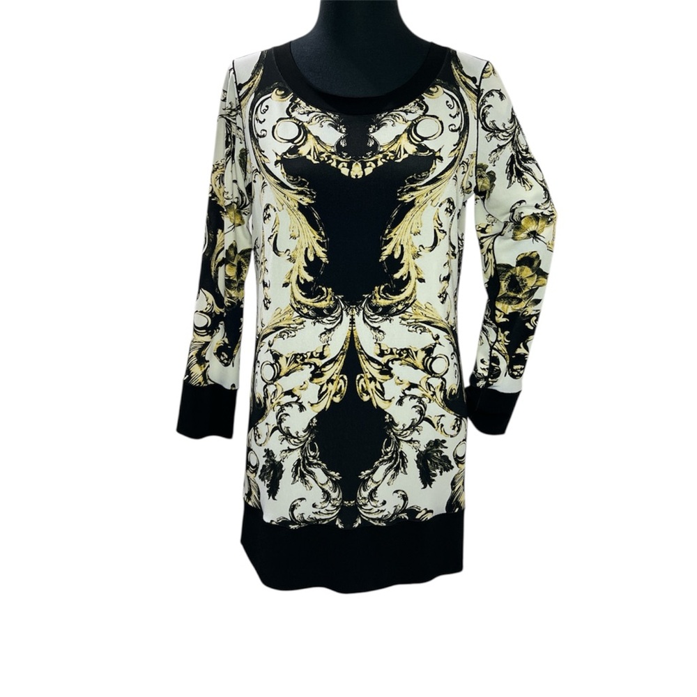 Eva Varro Black Gold and Cream Royal Baroque Mini Long Sleeve Sheath Dress